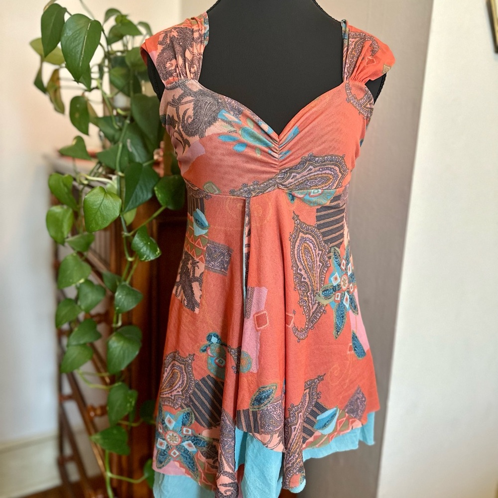 Sweet Pea by Stacy Frati Peach and Aqua Patterned Blouse